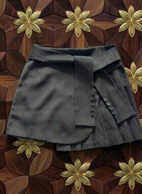 Tailored Black Pleated Wrap Mini Micas Skort with Button Detail Sash